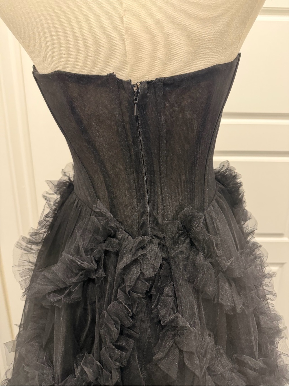 Strapless Black Tulle Ruffle Evening Gown - Picture 5 of 9